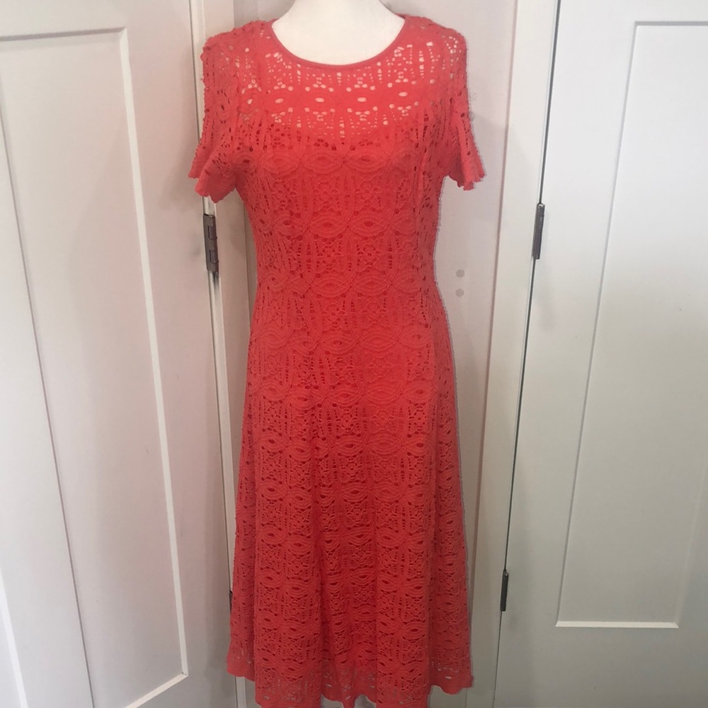RN Studios, by Ronni Nicole Women’s Elegant Coral Lace Dress. Crocheted Beachy